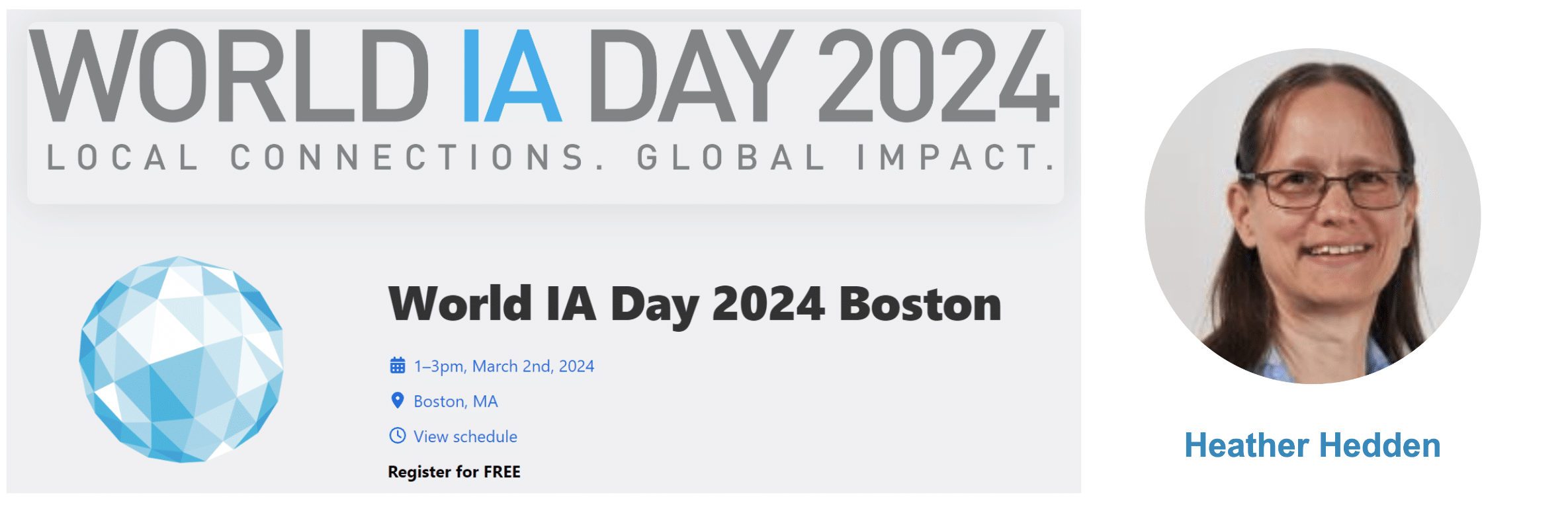 Flyer for World IA Day 2024 conference with headshot of Heather Hedden